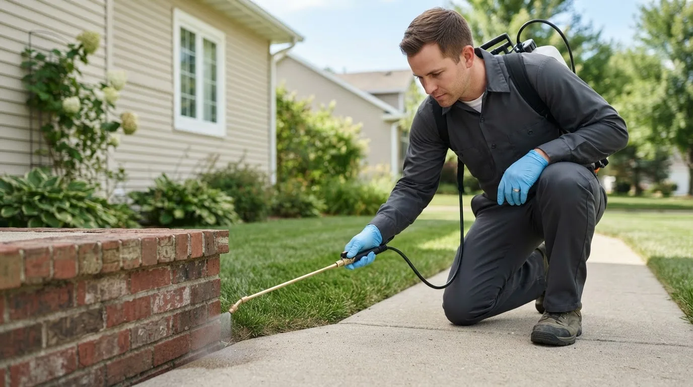 Pest control technician treating a home near Copiague, NY