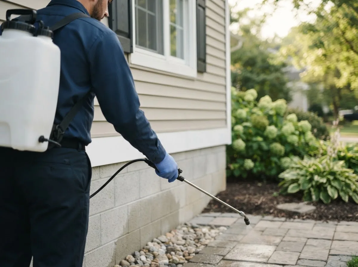 Pest control technician inspecting a home in Copiague, NY